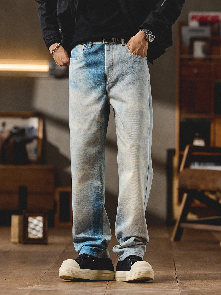 Men's 11.8 OZ 3D Digital Printing Slim Fit Vintage Streetwear Straight Jeans