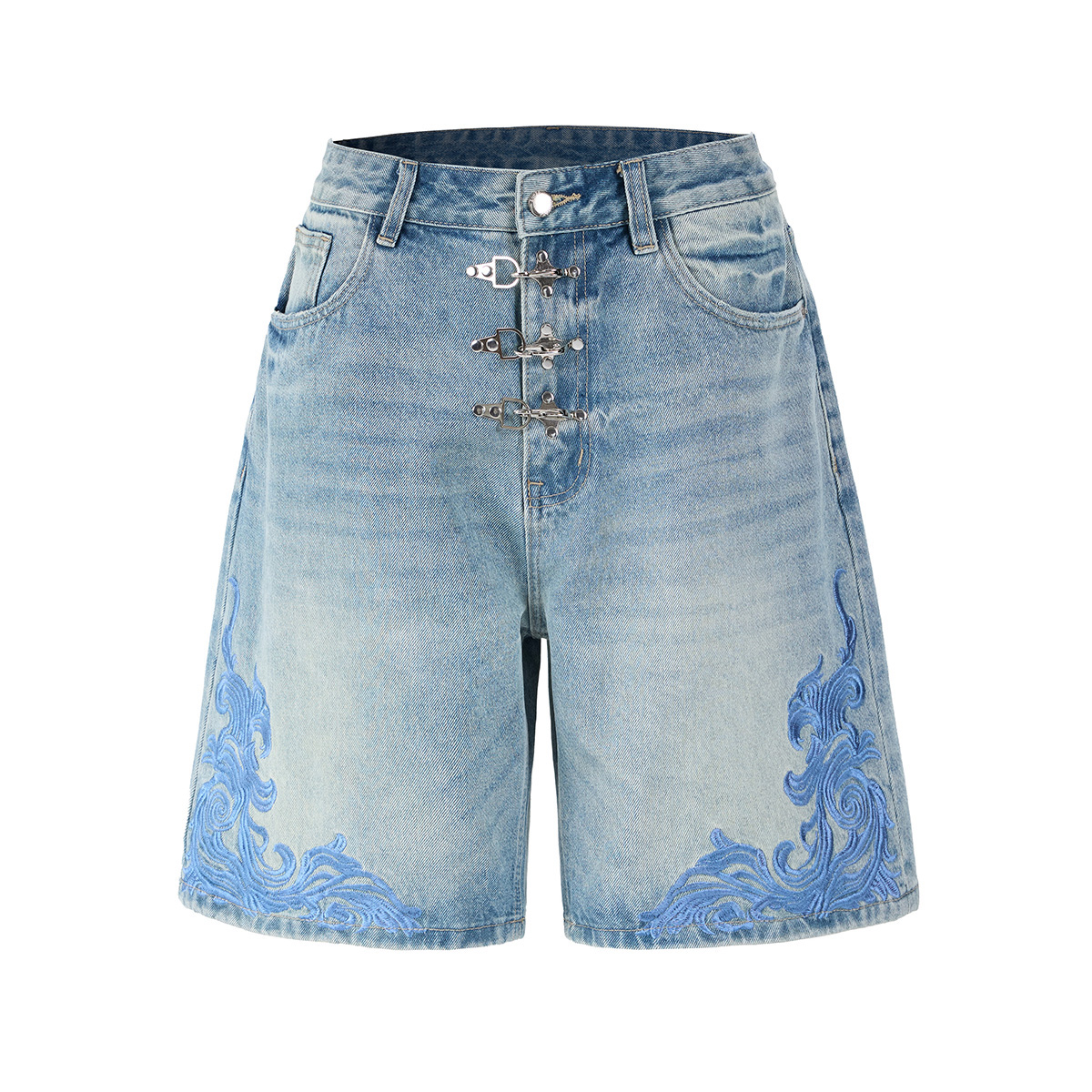 Men's 13.2 OZ Snap Hook 3D Baroque Embroidery Bermuda Denim Shorts
