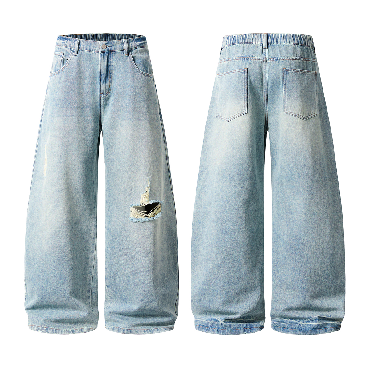 Men's 14.2 OZ Curved‑leg Baggy Enzyme Stone Wash Destroyed Ripped Back‑half Elastic Waistband J