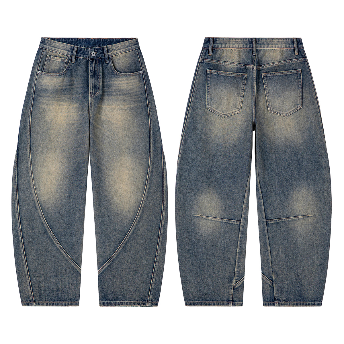 Men's 12.8 OZ Deconstructed Curved‑leg Banana Cut Baggy Vintage Faded Jeans