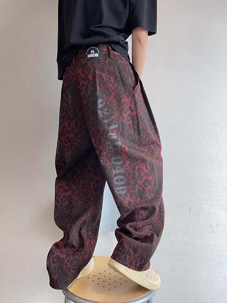 Men's 9.7 OZ Skate Garment Overdyed 3D Digital Burgundy Leopard All Over Printing Canvas Barrel