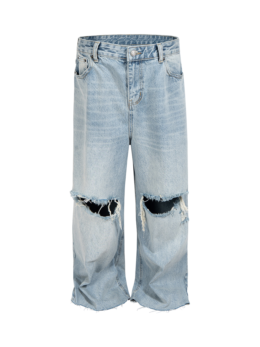 Men's 14.5 OZ Rigid Baggy Straight Ripped Raw Hem Jeans
