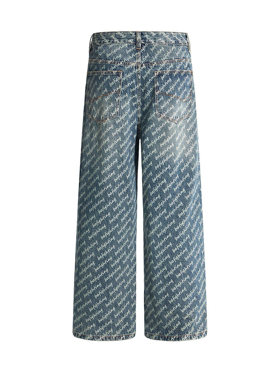 Men's Summer 13.7 oz All‑Over Printing Baggy Loose Straight Denim Jeans