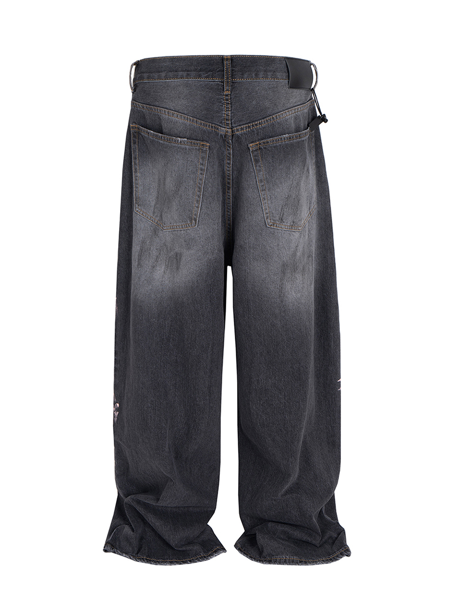 Men's 13.8 OZ Enzyme Stone Wash Paint Splatter Charcoal Black Baggy Jeans