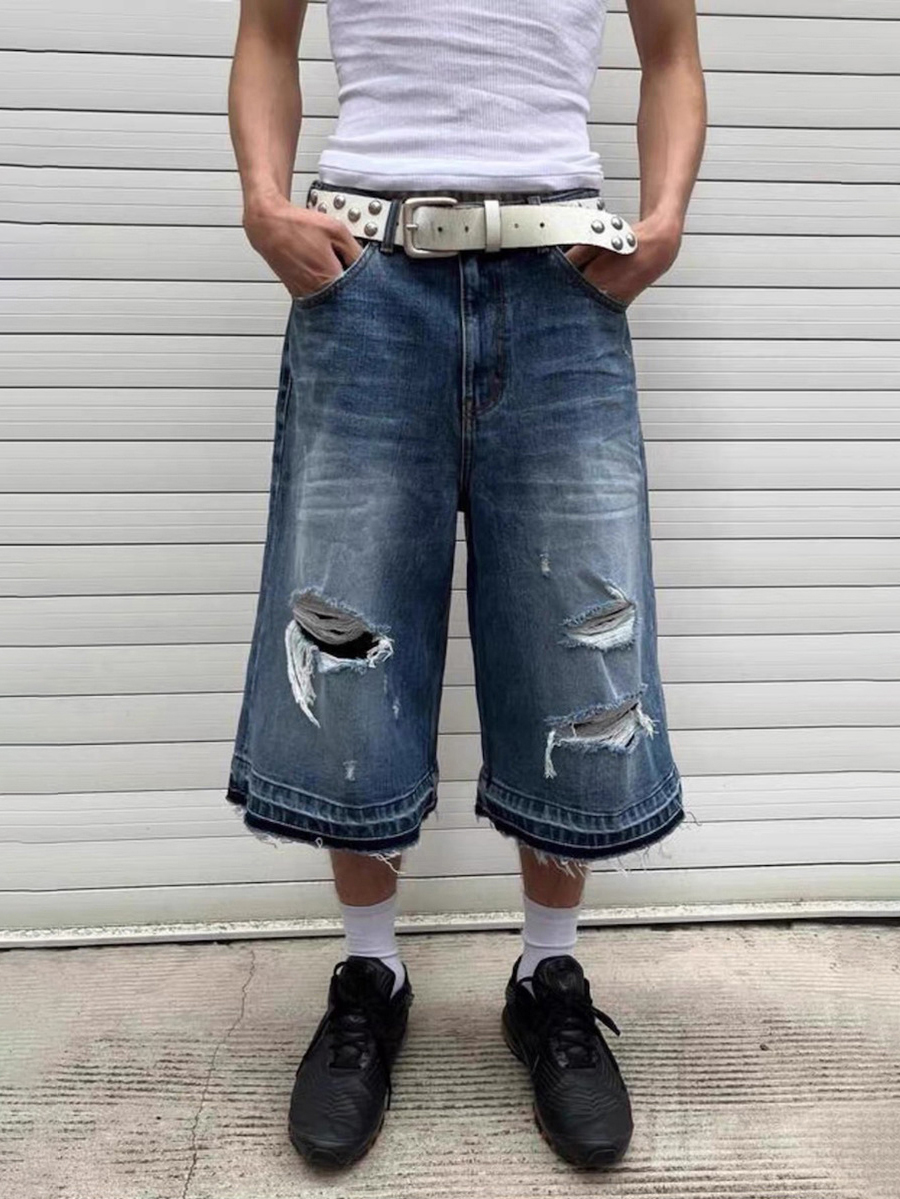 TJ177 Men's 12.5 OZ Baggy Loose Destroyed Ripped Raw Hem Capri Cropped Jeans