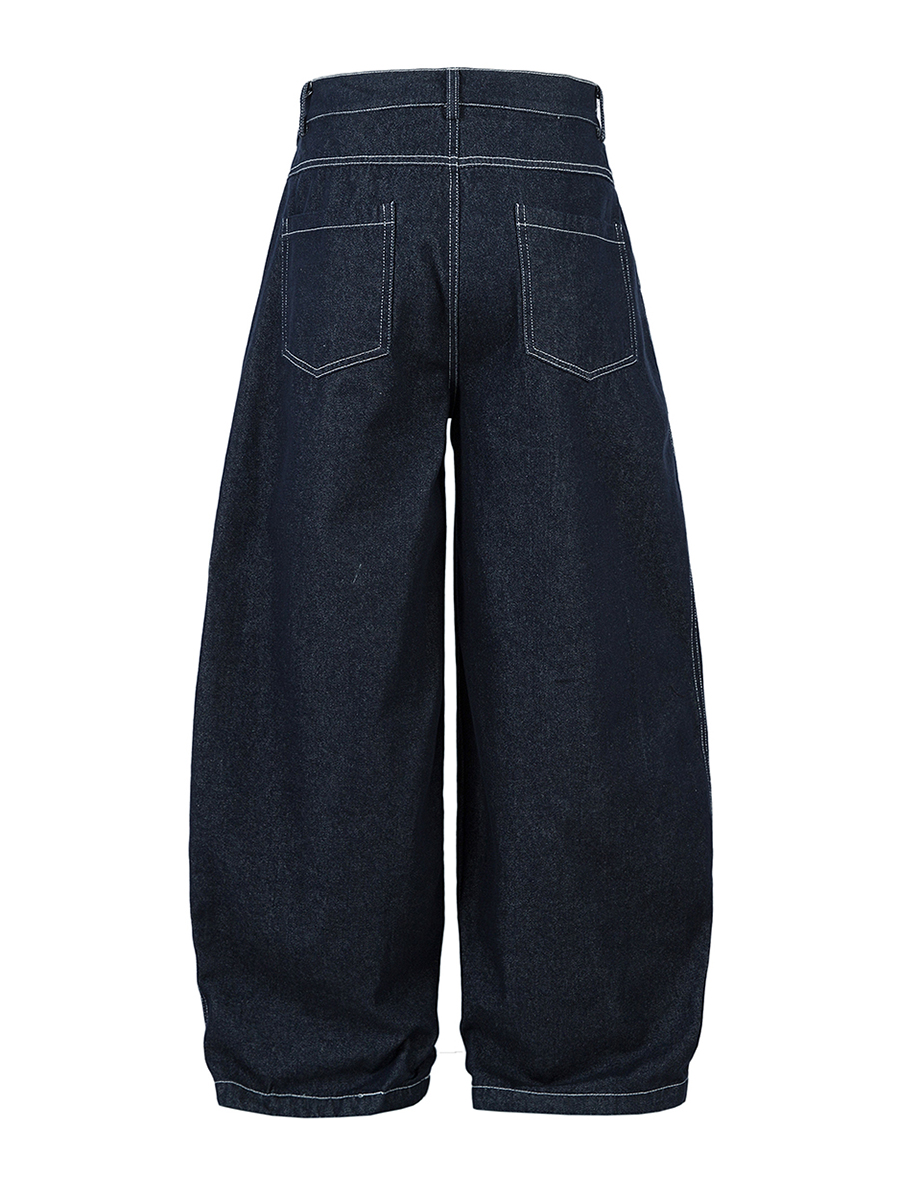 Men's 10.8 OZ Baggy Raw Dark Indigo Denim Pleated Contrast Stitching Balloon Jeans