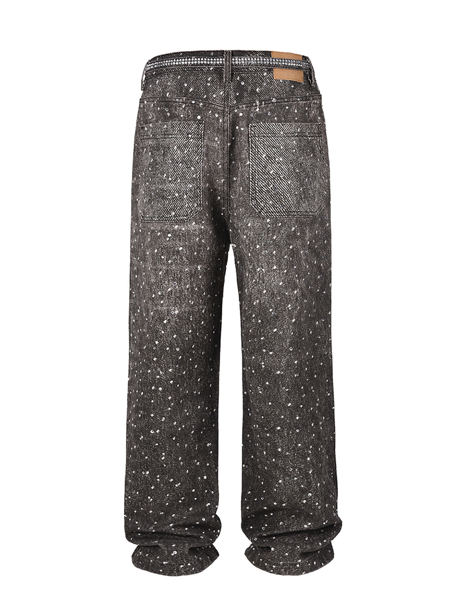Men's 14.5 OZ 100% 3D Digital Printing Rhinestone Loose Straight Jeans