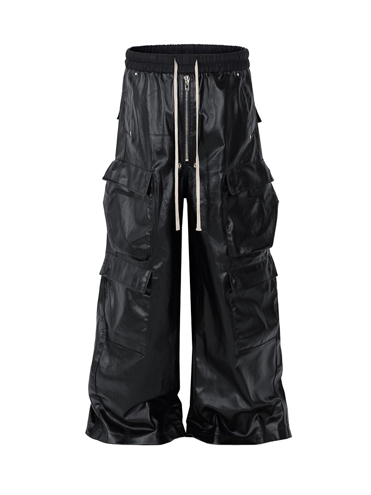 Men's Baggy Matte Coated Dark Streetwear Style Drawstring Waist Cargo Pants
